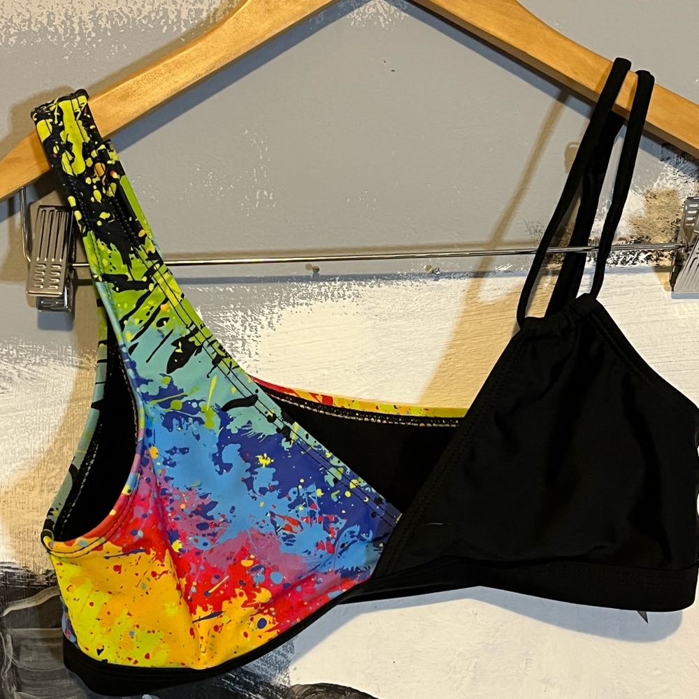 Rainbow splatter bikini top